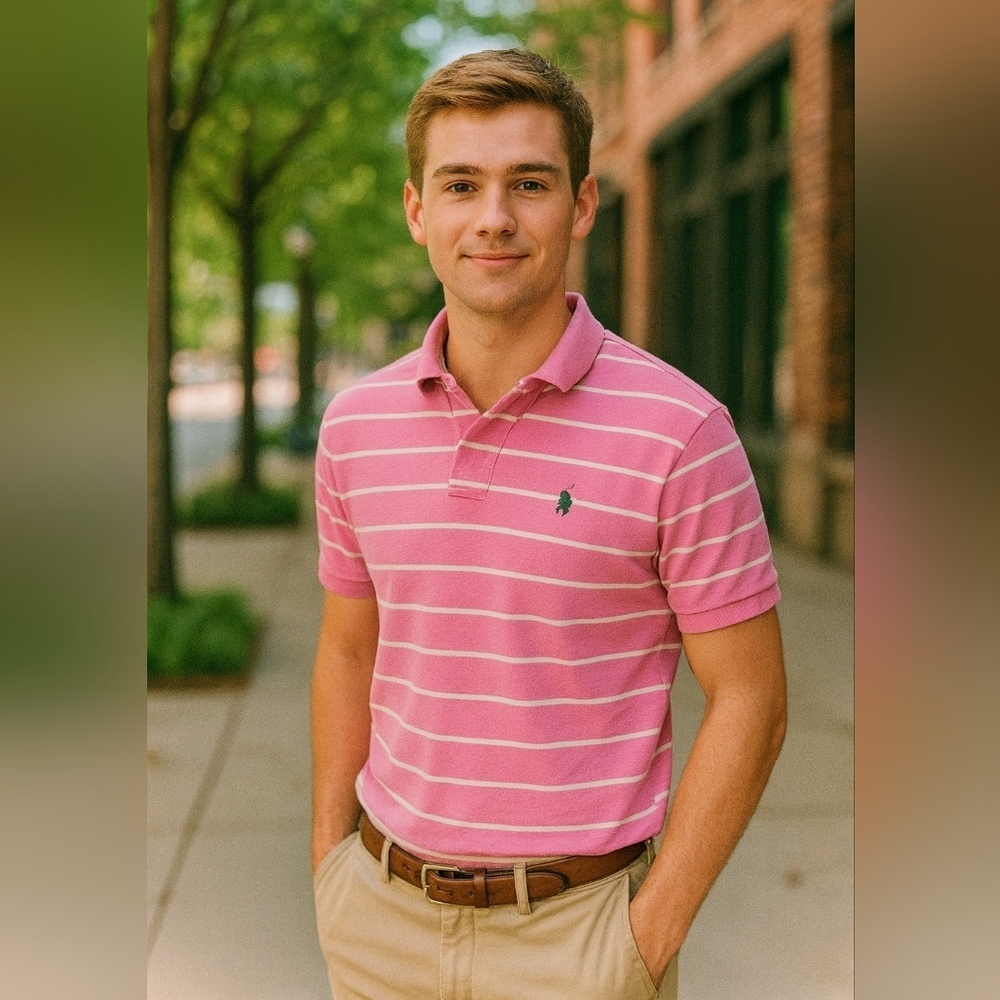 Ralph Lauren Small Mens Pink Short Sleeved Polo With White Stripes Y2k Preppy